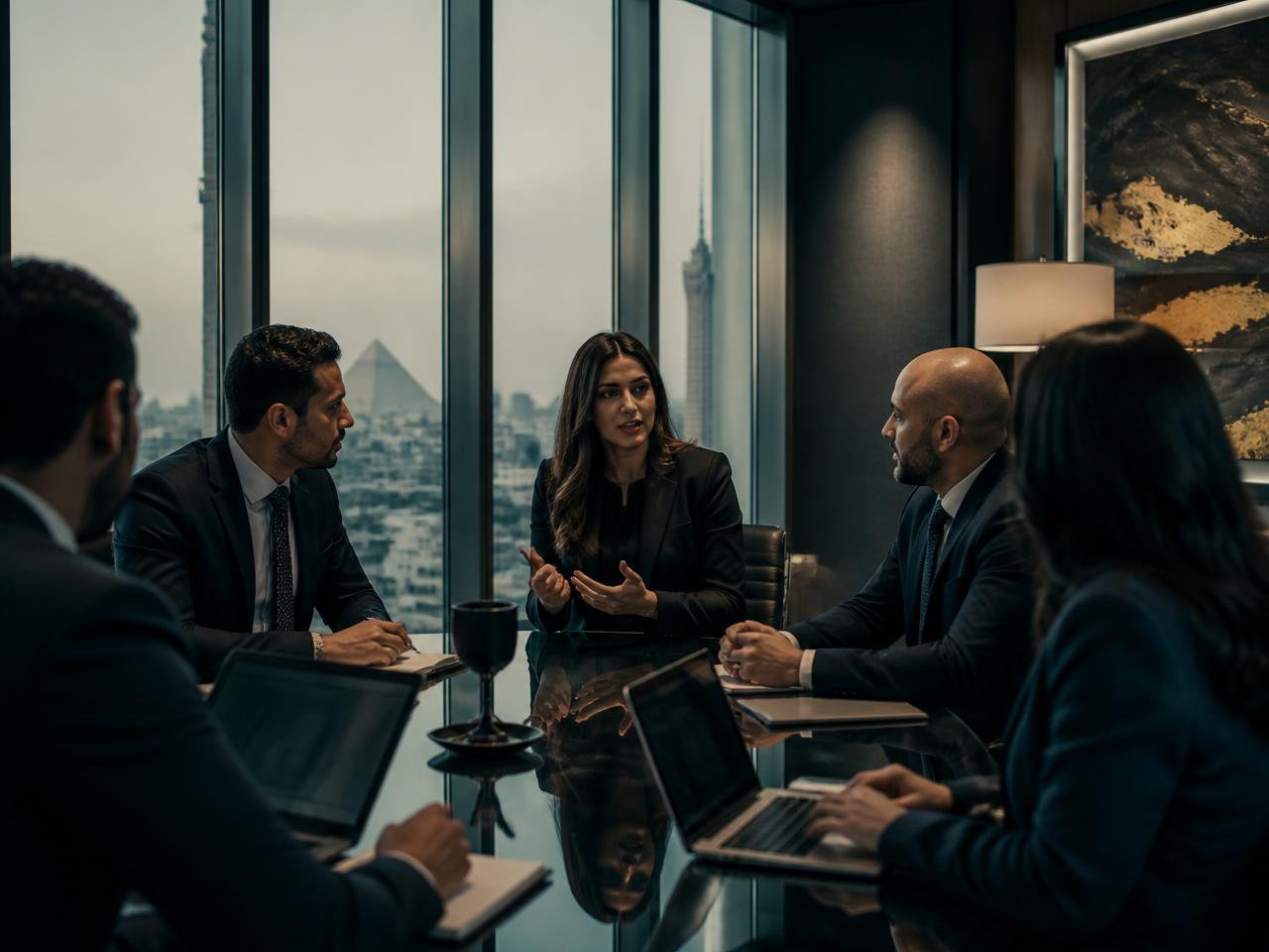 Business professionals in discussion around a boardroom table in a modern Cairo office