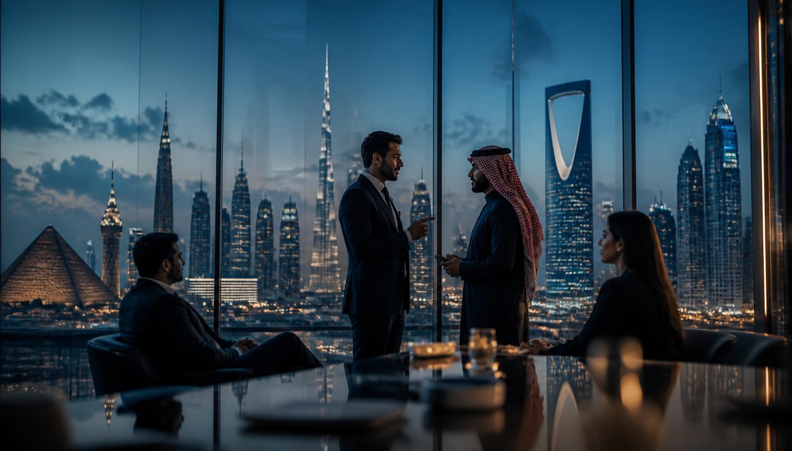 Business professionals meeting with the Cairo, Dubai and Riyadh skylines at dusk