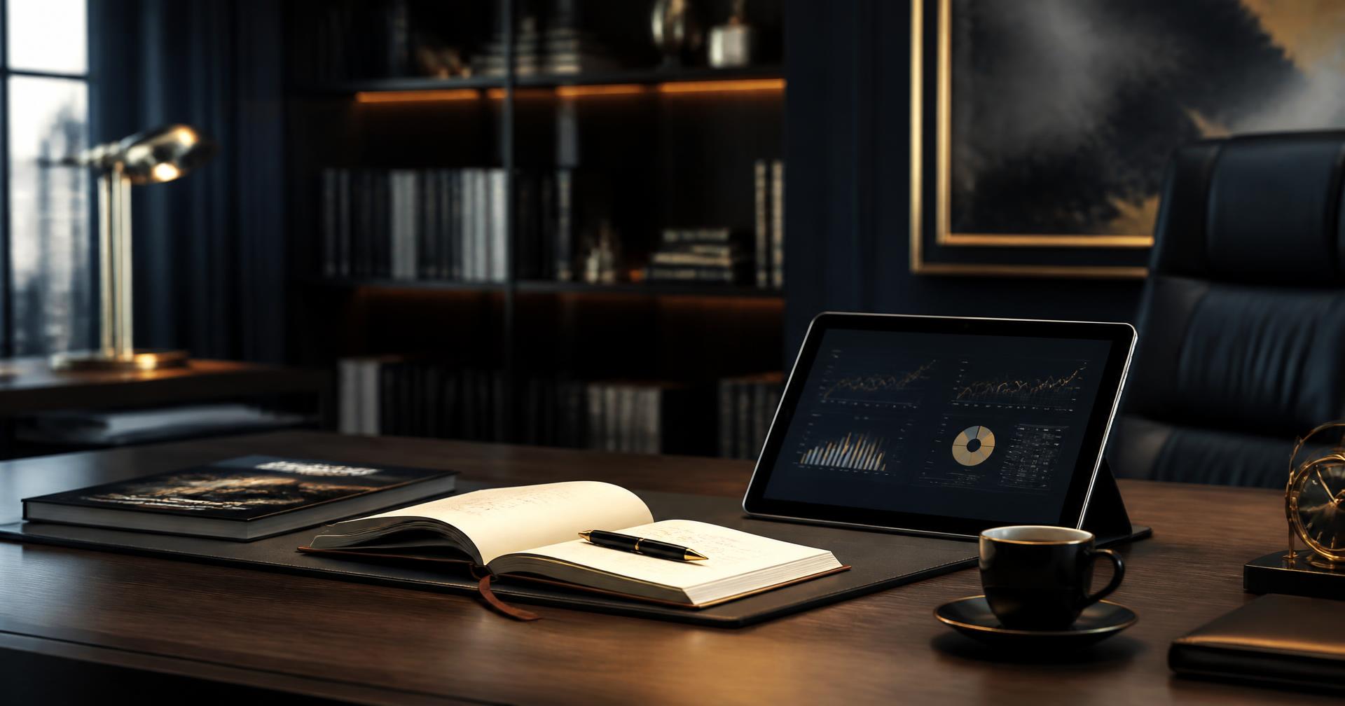 Executive desk with a notebook and a tablet showing performance dashboards